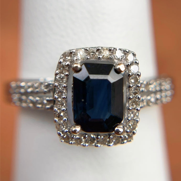 Estate 14KT White Gold Emerald-Cut Blue Sapphire + Diamond Square Halo Ring