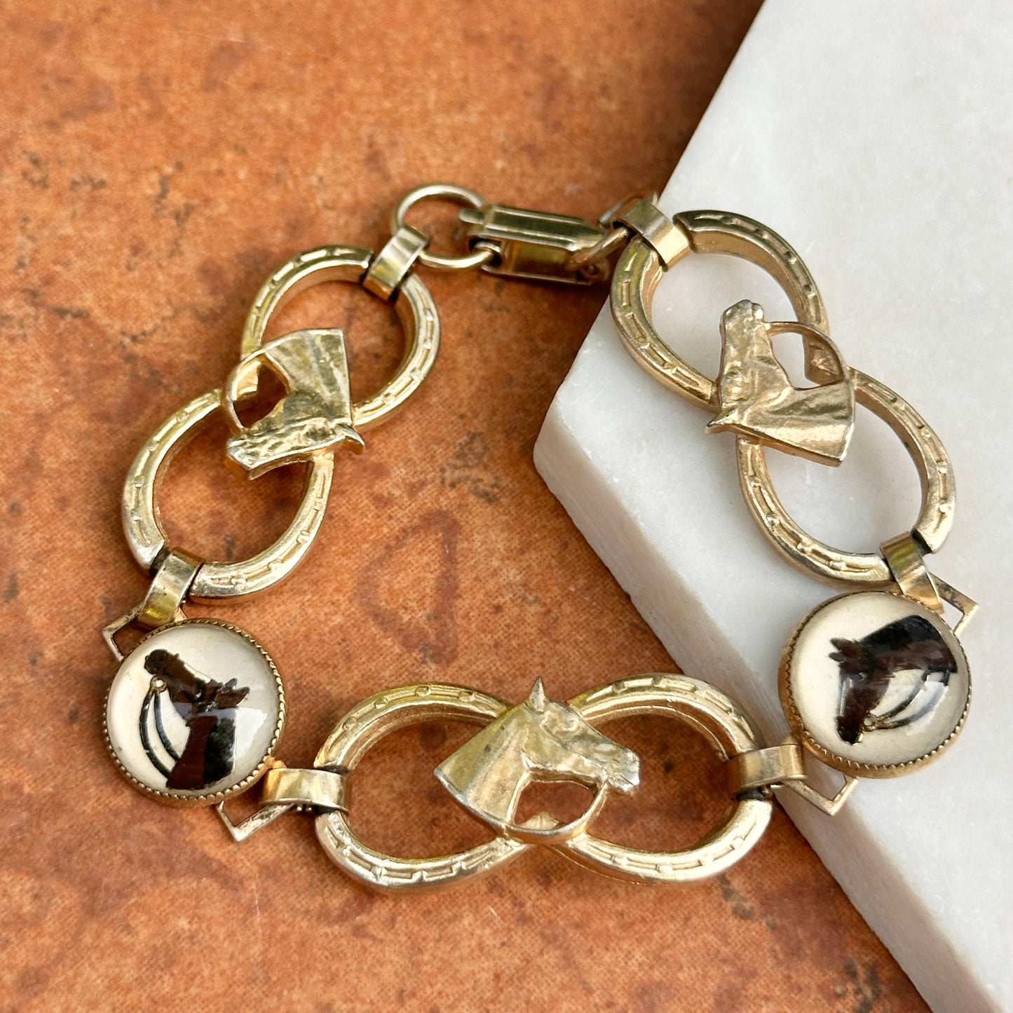 Antique Gold Tone Painted Horse Head + Double Horseshoe Link Bracelet