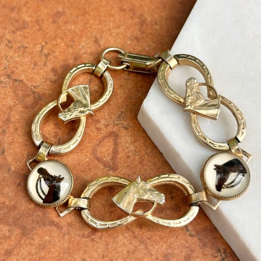 Antique Gold Tone Painted Horse Head + Double Horseshoe Link Bracelet