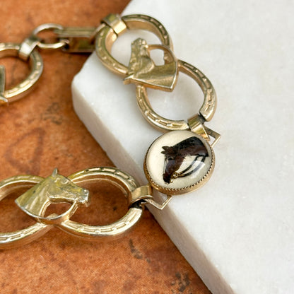 Antique Gold Tone Painted Horse Head + Double Horseshoe Link Bracelet