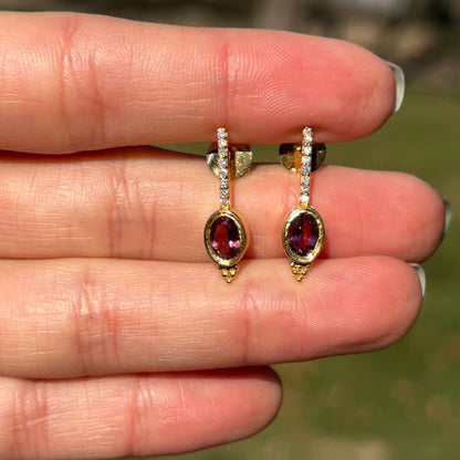 Estate 14KT Yellow Gold Bezel Pink Tourmaline + Diamond Earrings