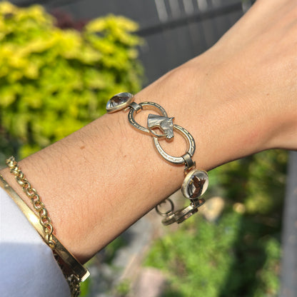 Antique Gold Tone Painted Horse Head + Double Horseshoe Link Bracelet