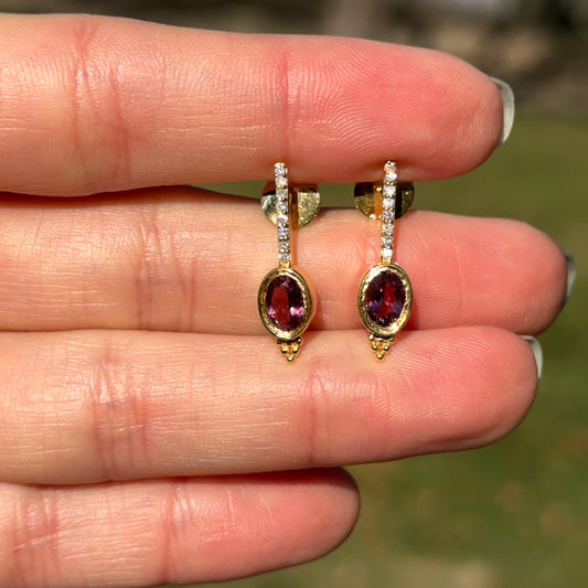 Estate 14KT Yellow Gold Bezel Pink Tourmaline + Diamond Earrings