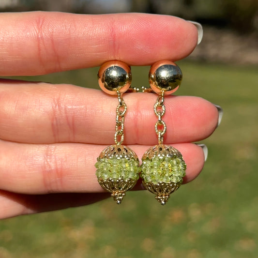 Estate 18KT Yellow Gold Filigree Peridot Ball Button Earrings