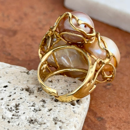 Yellow Gold-Plated White, Pink and Rose Fresh Water Pearl Cluster Ring