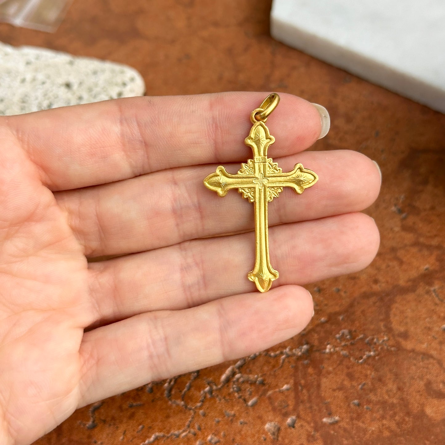 14KT Yellow Gold Matte Solid Cross Pendant 40mm