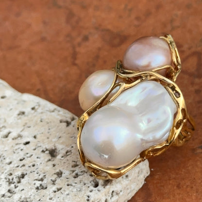 Yellow Gold-Plated White, Pink and Rose Fresh Water Pearl Cluster Ring