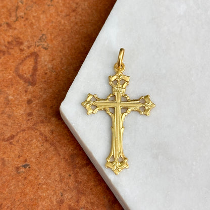 14KT Yellow Gold Matte Solid Filigree Cross Pendant 40mm