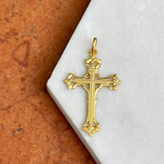 14KT Yellow Gold Matte Solid Filigree Cross Pendant 40mm