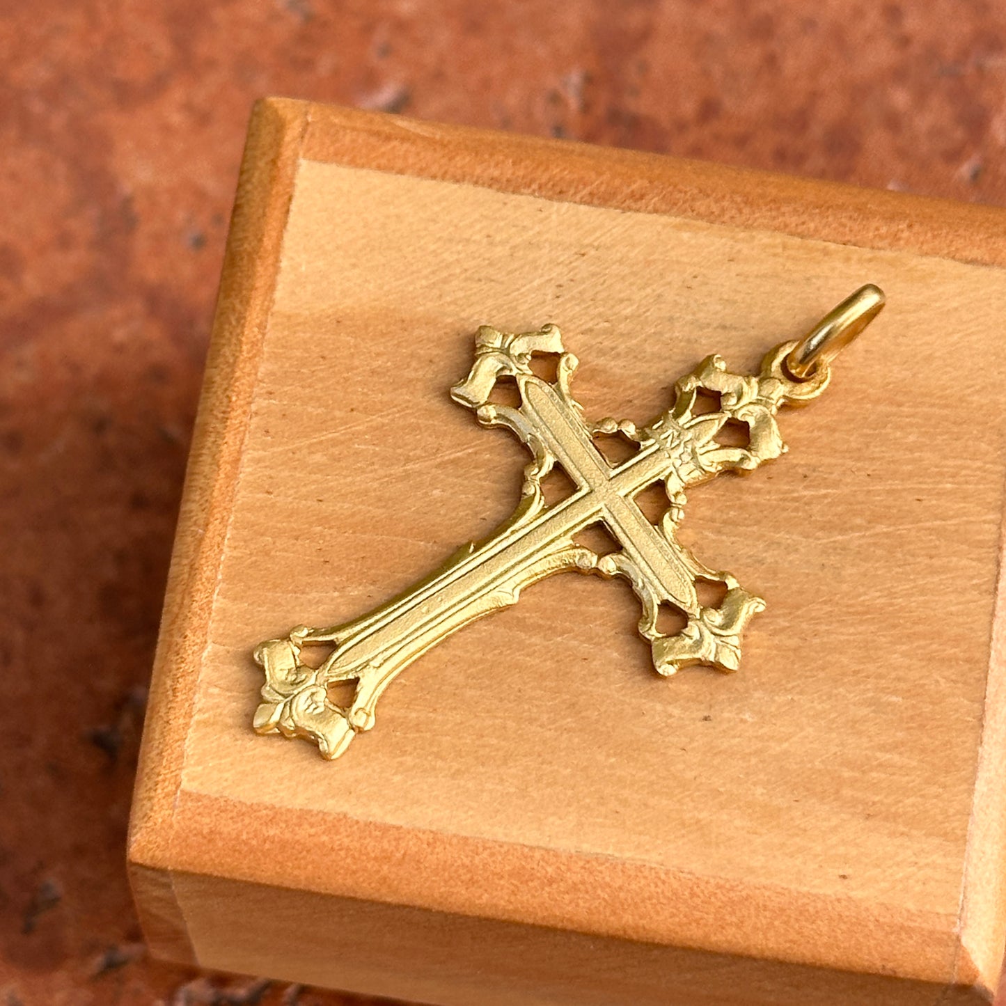 14KT Yellow Gold Matte Solid Filigree Cross Pendant 40mm