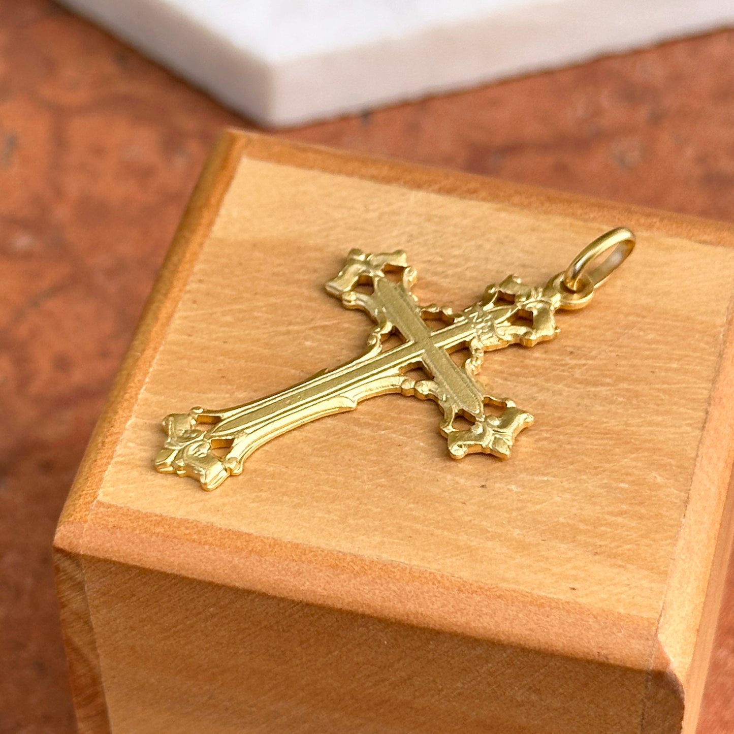 14KT Yellow Gold Matte Solid Filigree Cross Pendant 40mm
