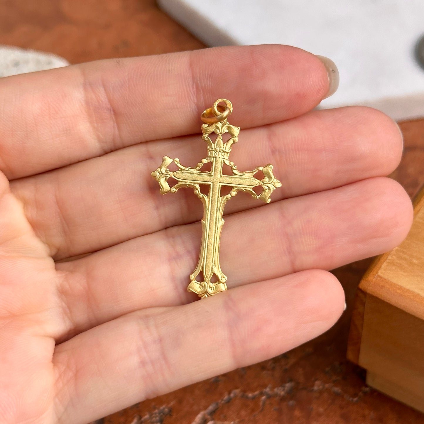 14KT Yellow Gold Matte Solid Filigree Cross Pendant 40mm