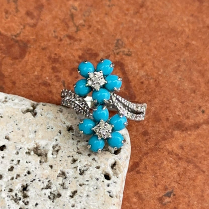 Estate 14KT White Gold Cabochon Turquoise + Diamond Flower Ring
