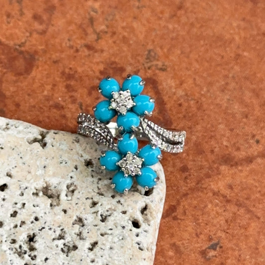 Estate 14KT White Gold Cabochon Turquoise + Diamond Flower Ring - LSJ