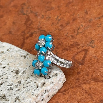 Estate 14KT White Gold Cabochon Turquoise + Diamond Flower Ring