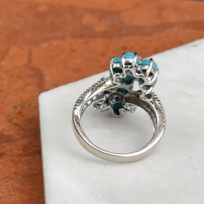 Estate 14KT White Gold Cabochon Turquoise + Diamond Flower Ring