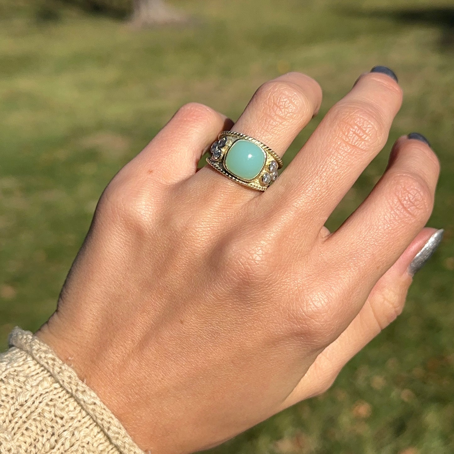 Estate 14KT Yellow Gold Byzantine Cabochon Aquamarine + Diamond Ring