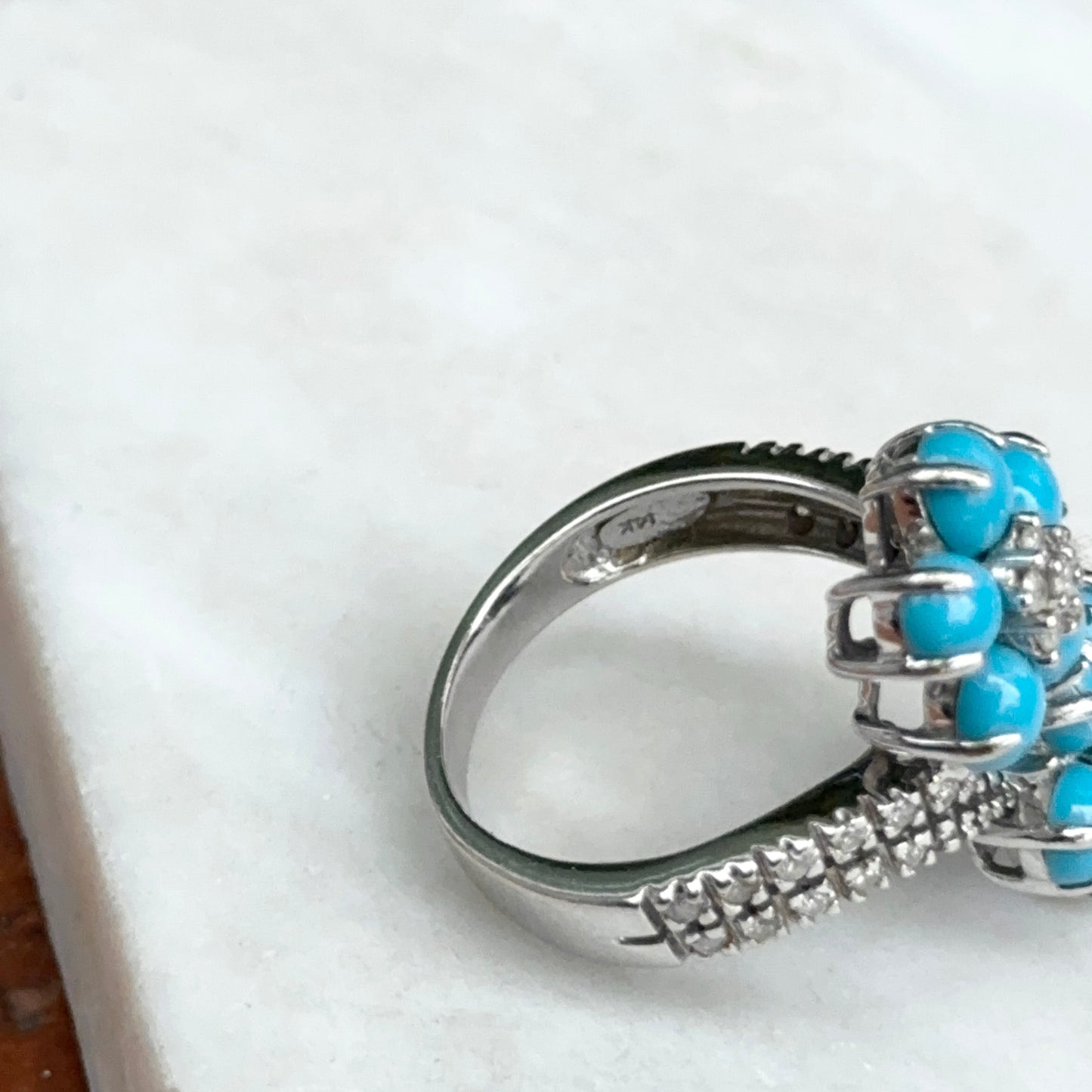 Estate 14KT White Gold Cabochon Turquoise + Diamond Flower Ring