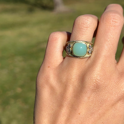 Estate 14KT Yellow Gold Byzantine Cabochon Aquamarine + Diamond Ring