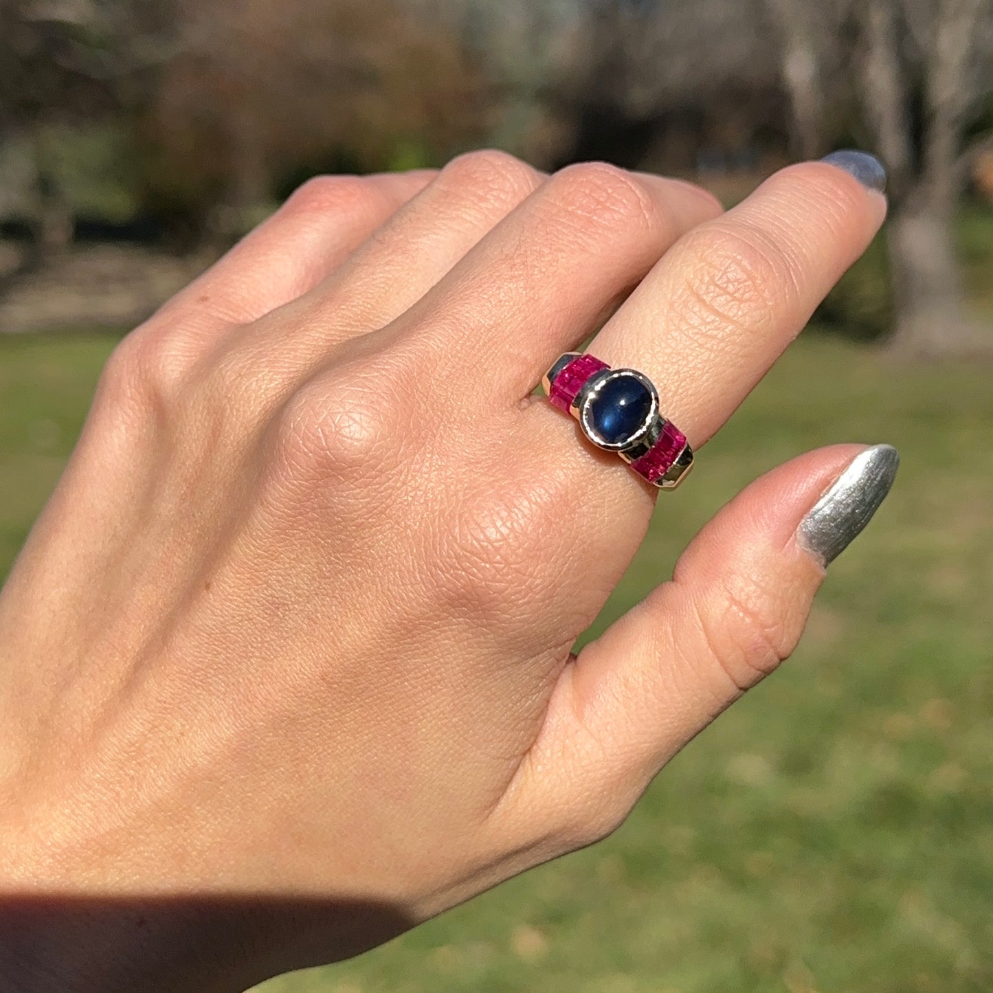 Estate 14KT Yellow Gold Cabochon Blue Sapphire + Ruby Ring