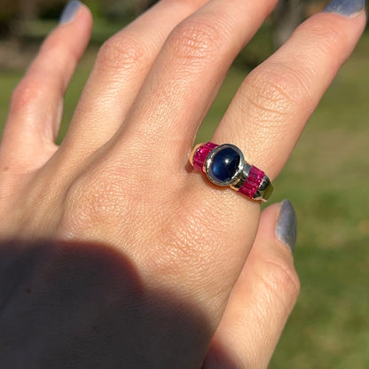 Estate 14KT Yellow Gold Cabochon Blue Sapphire + Ruby Ring