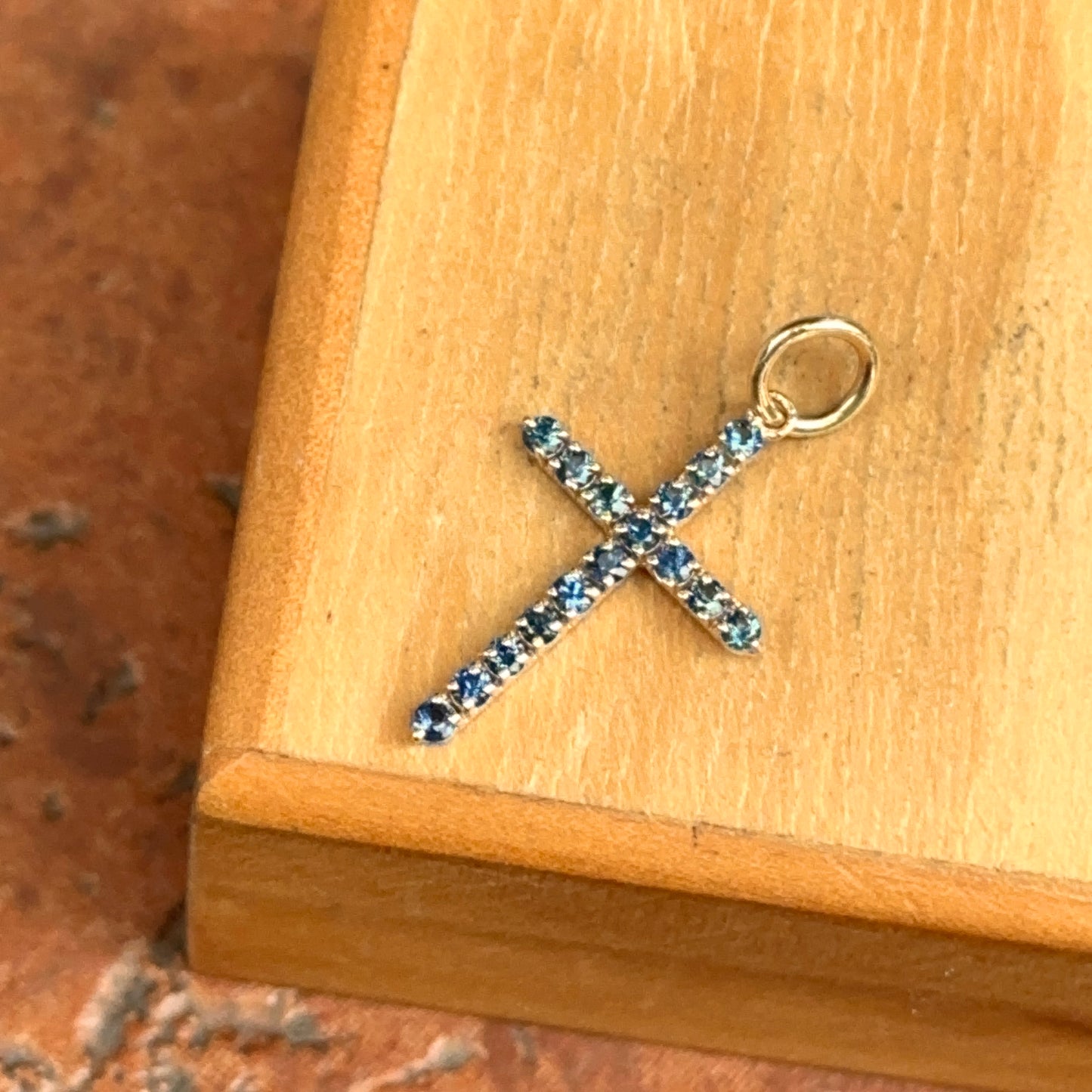 14K Yellow Gold .50 CT Blue Sapphire Cross Pendant