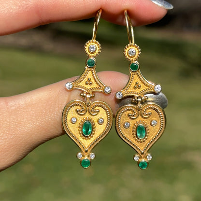 Estate 18KT Yellow Gold Byzantine Emerald + Diamond Dangle Earrings