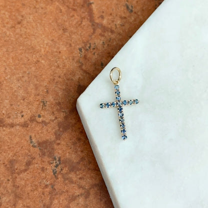 14K Yellow Gold .50 CT Blue Sapphire Cross Pendant