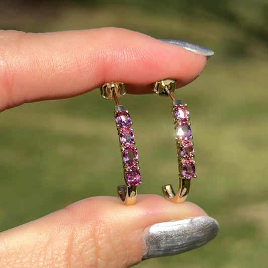 Estate 14KT Yellow Gold Pink Tourmaline J Hoop Earrings