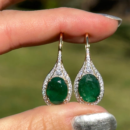 Estate 18KT Yellow Gold Oval Emerald + Pave Diamond Drop Earrings