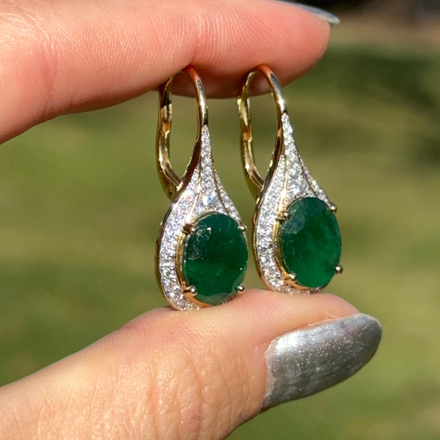 Estate 18KT Yellow Gold Oval Emerald + Pave Diamond Drop Earrings