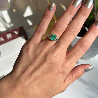 Estate 18KT White + Yellow Gold Emerald-Cut Emerald + Diamond Ring