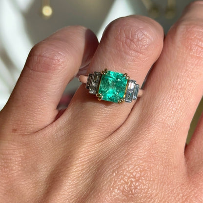 Estate 18KT White + Yellow Gold Emerald-Cut Emerald + Diamond Ring