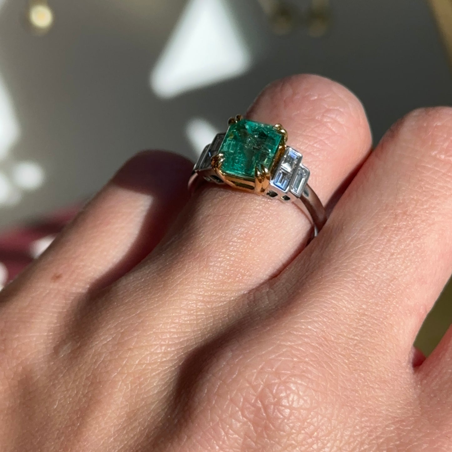 Estate 18KT White + Yellow Gold Emerald-Cut Emerald + Diamond Ring