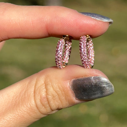 Estate 18KT Yellow Gold Pave Pink Sapphire Huggie Hoop Earrings