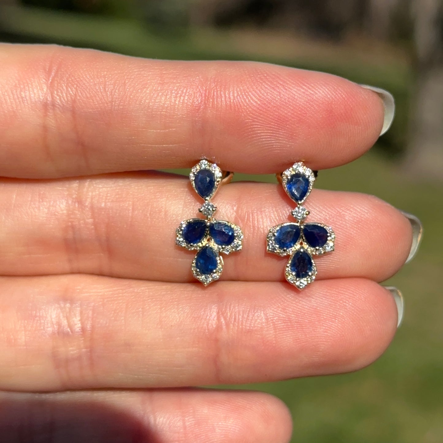 Estate 14KT Yellow Gold Pear Blue Sapphire + Diamond Earrings