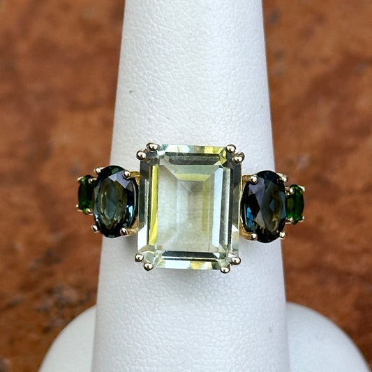 14KT Yellow Gold Green Amethyst, Oval London Blue Topaz, Round Chrome Diopside Ring