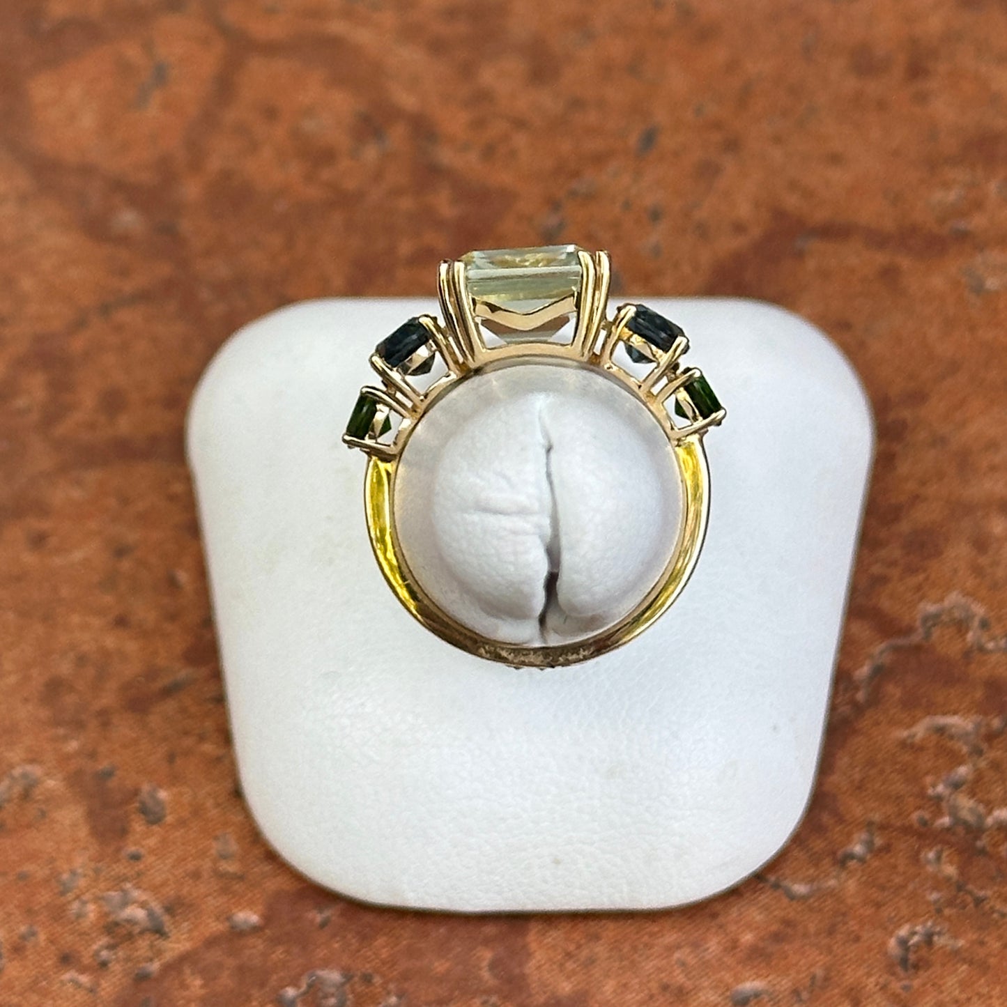 14KT Yellow Gold Green Amethyst, Oval London Blue Topaz, Round Chrome Diopside Ring