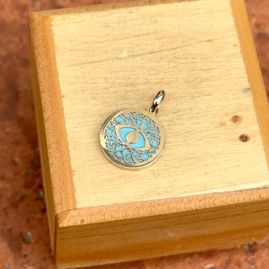 14KT Yellow Gold Turquoise Filigree Evil Eye Round Pendant Charm