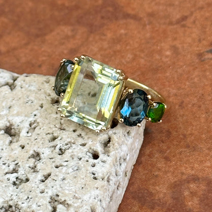 14KT Yellow Gold Green Amethyst, Oval London Blue Topaz, Round Chrome Diopside Ring
