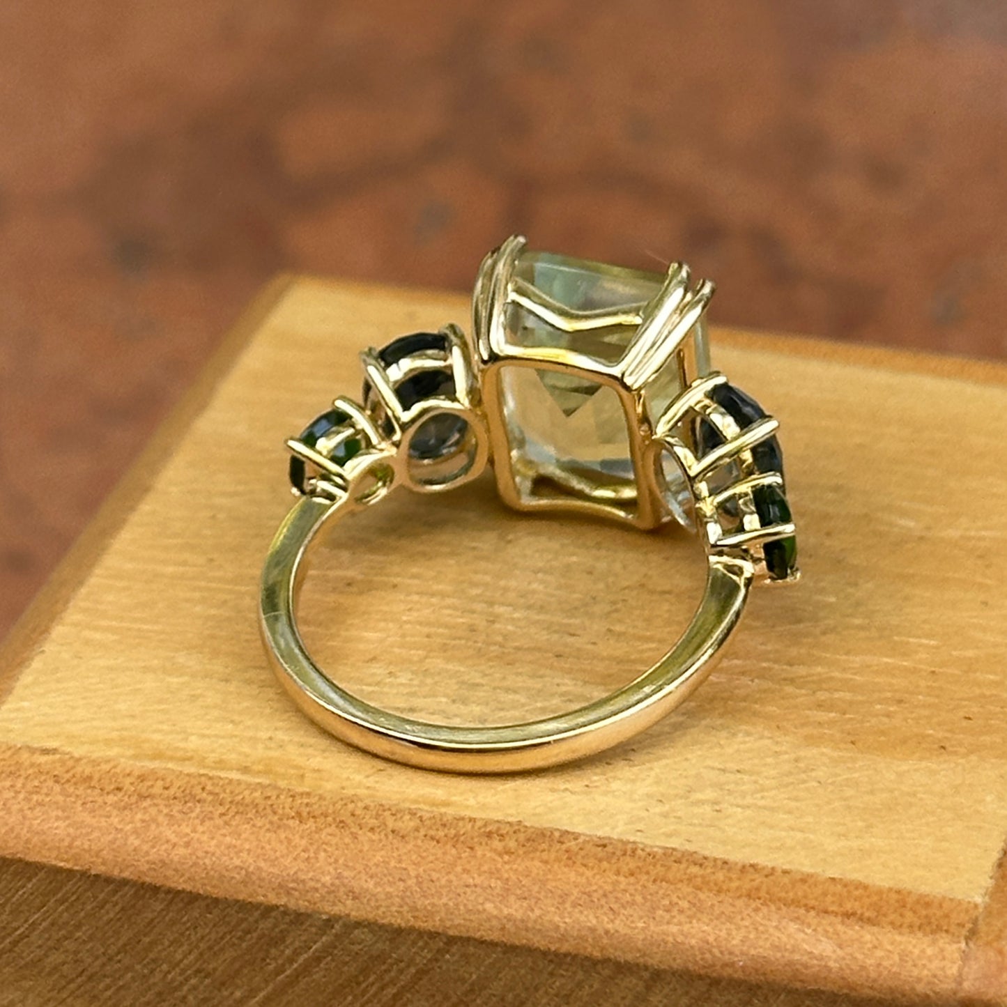 14KT Yellow Gold Green Amethyst, Oval London Blue Topaz, Round Chrome Diopside Ring