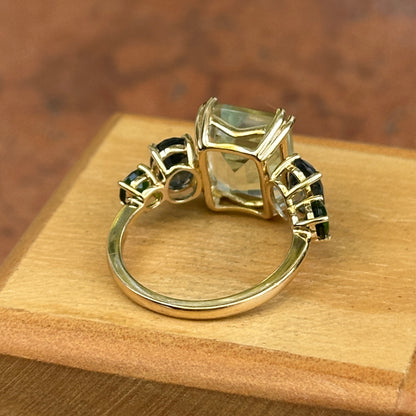 14KT Yellow Gold Green Amethyst, Oval London Blue Topaz, Round Chrome Diopside Ring