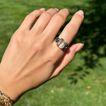 14KT Yellow Gold Green Amethyst, Oval London Blue Topaz, Round Chrome Diopside Ring