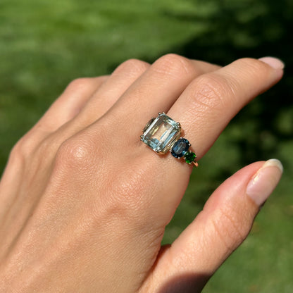 14KT Yellow Gold Green Amethyst, Oval London Blue Topaz, Round Chrome Diopside Ring