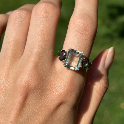 14KT Yellow Gold Green Amethyst, Oval London Blue Topaz, Round Chrome Diopside Ring