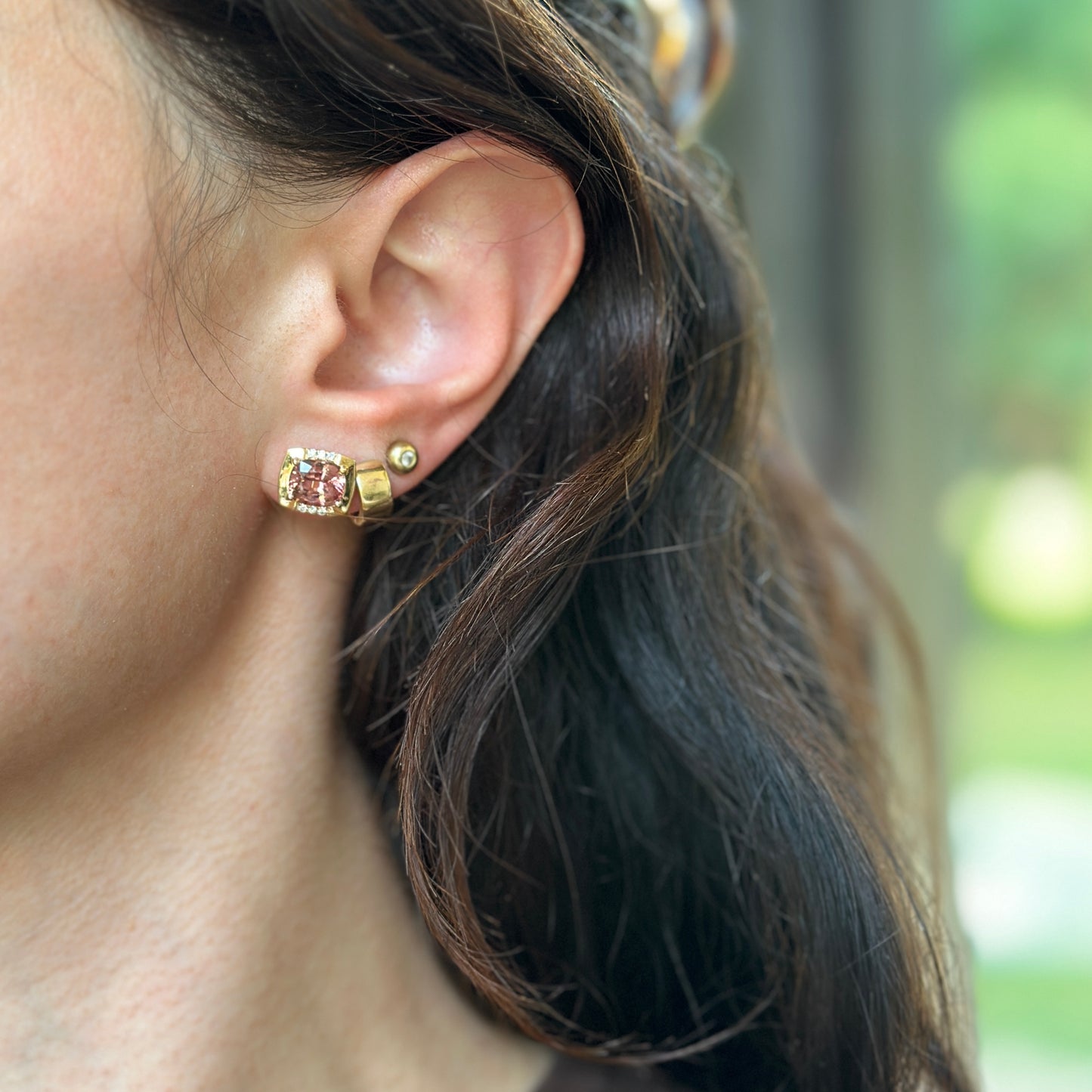 Estate 14KT Yellow Gold Cushion Malaya Garnet + Diamond Stud Earrings