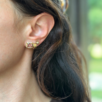 Estate 14KT Yellow Gold Cushion Malaya Garnet + Diamond Stud Earrings
