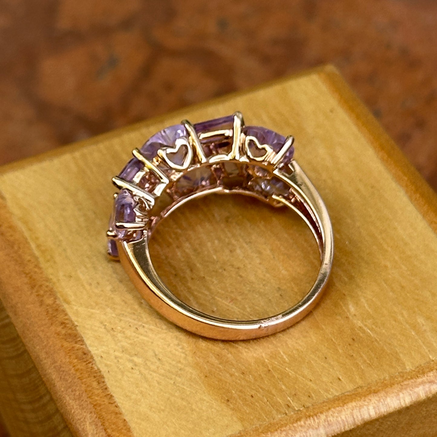 Estate 14KT Rose Gold Heart + Baguette Pink & Purple Amethyst Ring