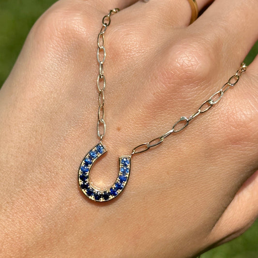 14KT Yellow Gold Ombre Blue Sapphire Horseshoe Necklace