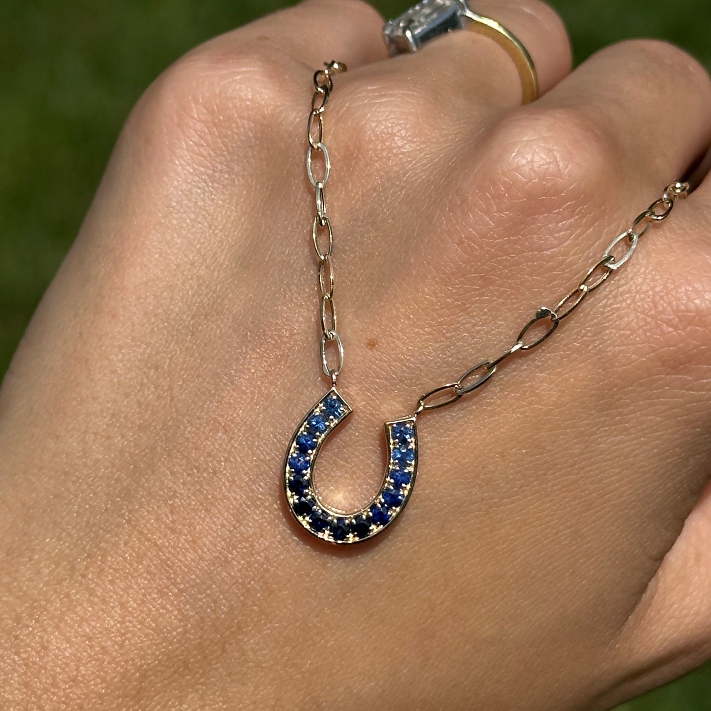 14KT Yellow Gold Ombre Blue Sapphire Horseshoe Necklace